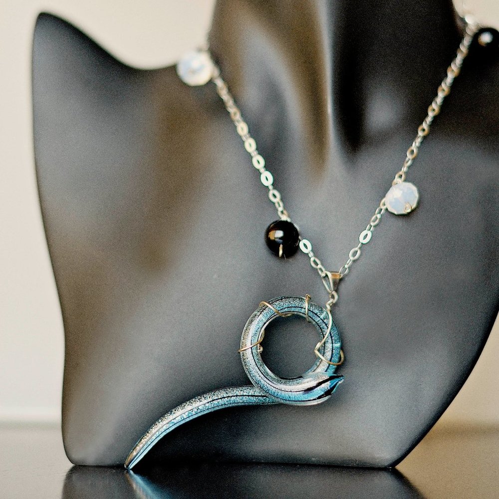 God Is Dead Necklace -Black and White Crystals Necklace with Glass Snake/Serpent
